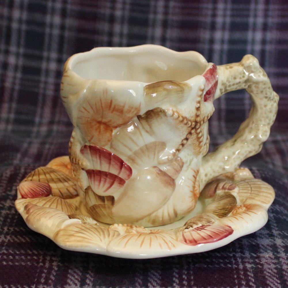 Pacific Rim Handpainted Shell Coffee Mug and Saucer